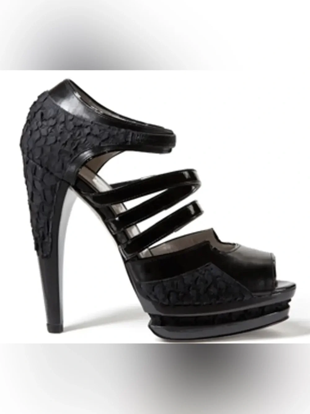 Jason Wu Black Python Snakeskin Patent Strappy Platform Stiletto Heels EU 39.5